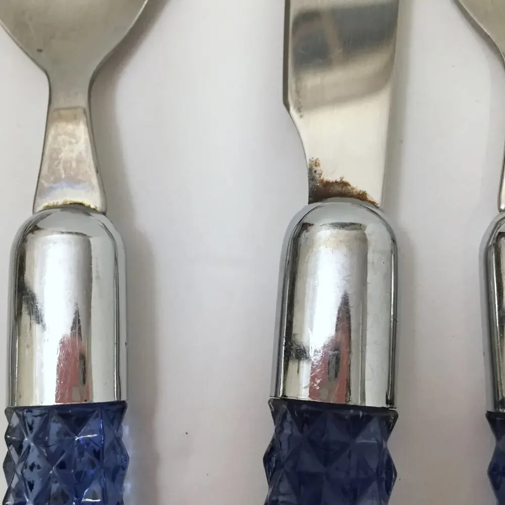 Lot of 10 Lucite Acrylic Plastic Handle Flatware Blue Faceted Diamond